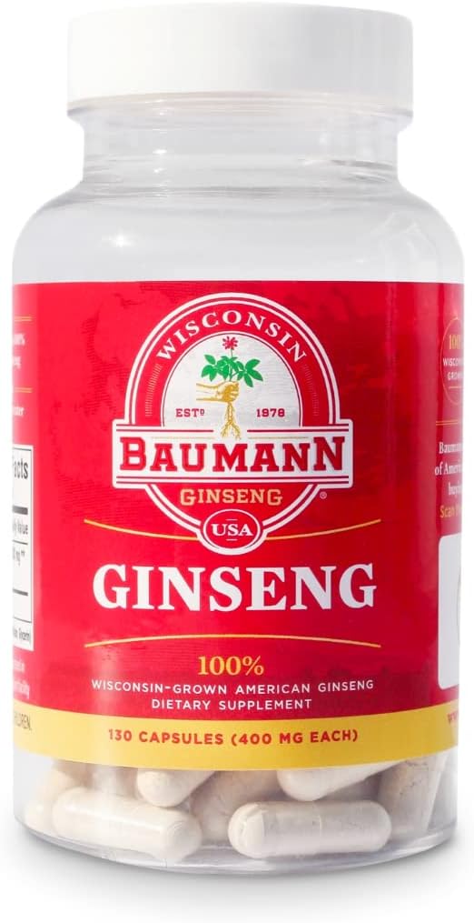 Baumann Wisconsin Ginseng Capsules 130 Pills 400 mg - Pure American Ginseng Root Extract Powder in Each Pill - 100% Natural Panax Ginseng Supplement til immunforsvar, fokus og energi