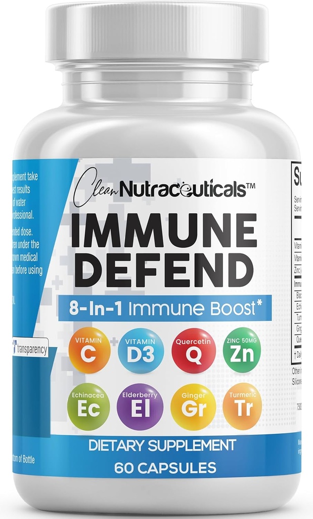 Renere nukleosteroider immunforsvar Support 8 i 1 med Zink 50mg Quercetin, VIT C 1000mg, vitamin D3 5000 IE, Elderberry, Ginger - Immunity System Booster for voksne, Vegan - 60 Greve