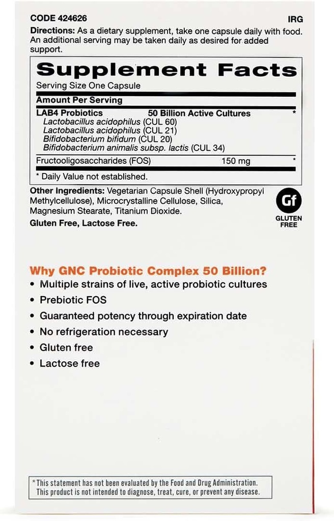 GNC Probiotisk Kompleks med 50 milliarder CFU 'er, Twin Pack, 30 kapsler per flaske, daglig probiotisk support