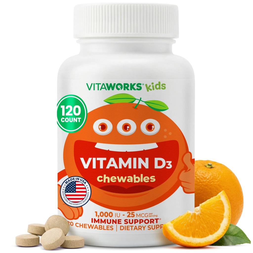 Kids D-vitamin 1000 IE tyggetabletter - Tasty Natural Orange Flavor - Vegan, GMO- Free, Gluten Free, Nut Free Vitaminer - Kosttilskud til immunforsvar - for børn - 120 tyggetabletter