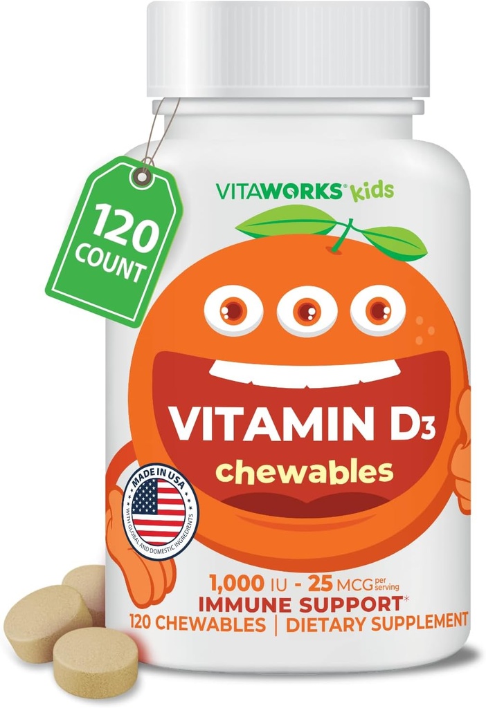 Kids D-vitamin 1000 IE tyggetabletter - Tasty Natural Orange Flavor - Vegan, GMO- Free, Gluten Free, Nut Free Vitaminer - Kosttilskud til immunforsvar - for børn - 120 tyggetabletter