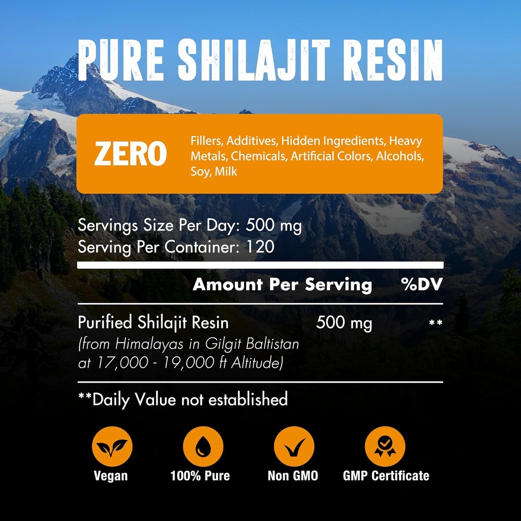 60.000 MG Shilajit Pure Organic Resin - 65% Fulvic Acid & 85 + Trace Minerals, 120 Servere - Awaken Energy Booster & Support Immun, Forbedre samlet sundhed & hjerne Booster - Sukker fri