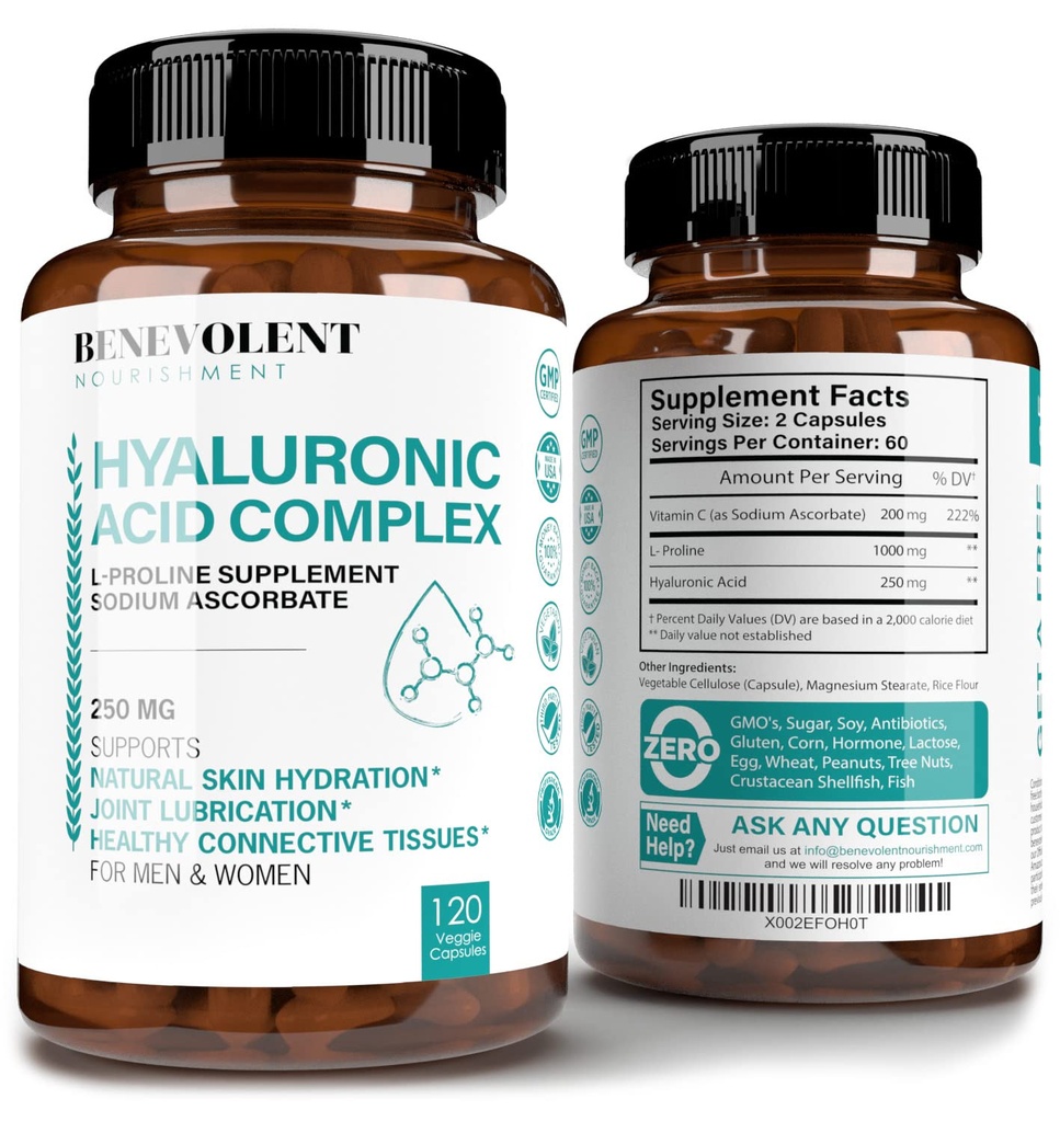 Hyaluronsyre Kosttilskud 250 mg med 200 mg vitamin C, 1000 mg L- Proline & Anti- Aging Fordele, Hyaluronsyre kapsler til ungdommelig hud, Joints & Connective Tissue Health - 120 kapsler