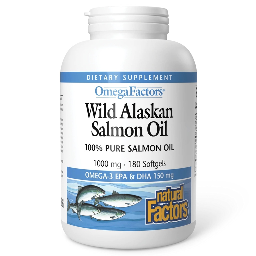 Naturlige faktorer Wild Alaska Salmon Oil giver Omega-3, EPA, DHA & Vitamin D, understøtter hjerne & hjerte sundhed, 180 Softgels