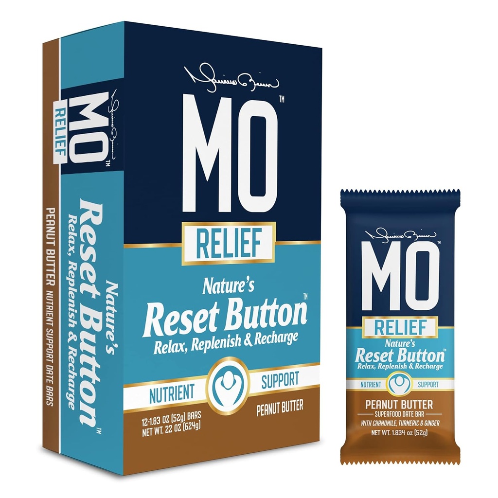 "MO RELIEF" KARS - All- Natural Superfood Snack Bar - Recovery Snack Bars - Efter træning Nutrient Support med datoer, kamille, gurkemeje, & Ginger - (12 barer i en kasse) (Peanut Butter)