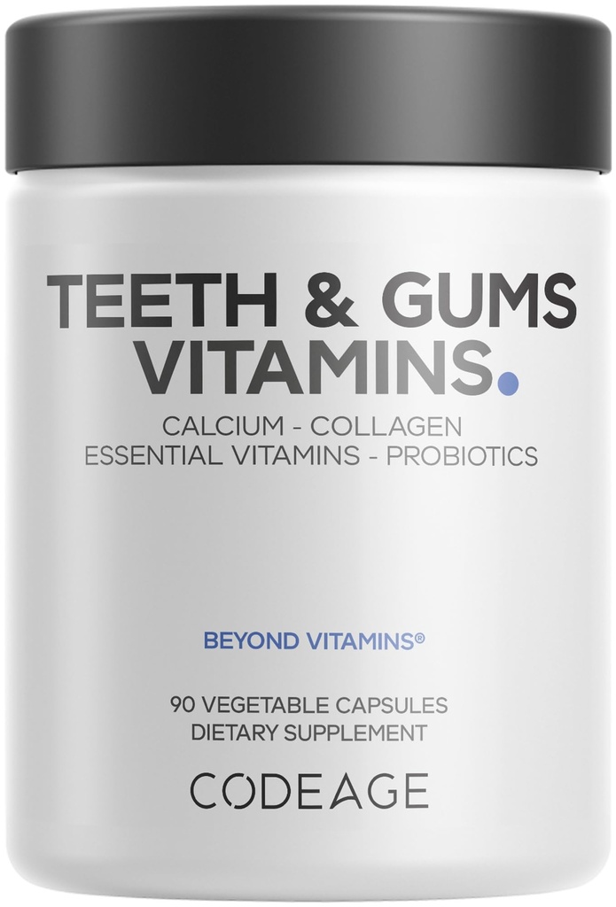 Kodeage tænder & tandkødet Vitaminer + oral probiotika supplement til mund - hele fødevarer Calcium, collagen, kalium, C-vitamin, D3, K2, zink - Oral Care & Dental Multivitamin kosttilskud - 90 kapsler