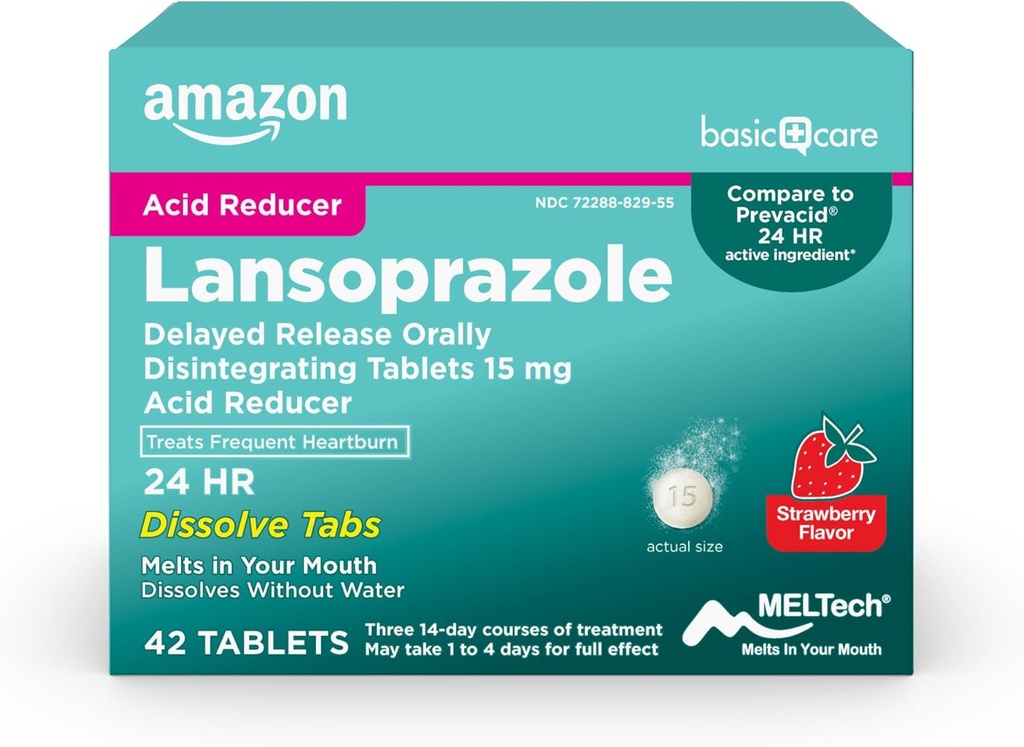 Grundlæggende pleje Lansoprazol Forsinket frigivelse Oralt opløses tabletter 15 mg, syrereducerende piller, jordbærsmag, 42 Tælling