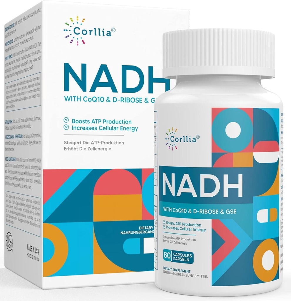 NADH + CoQ10 + D- Ribose Supplement, Forbedre NAD + Supplement for energi, træthed, 60 kapsler