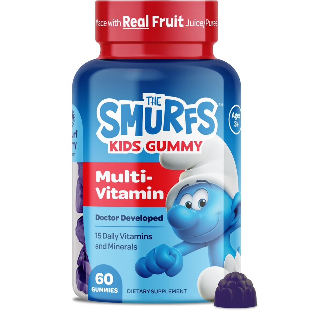 Smølfer Kids Multivitamin Gummies Measurement 124; Multivitamin Gummies for Kids med 15 Vitamin & Minerals Measurement 124; Lavet med Real Fruit Measurement 124; Doctor Developed Measurement 124; Non- GMO og ingen Kunstige Artiskokker eller Farver Measurement 124; 60 Gummies