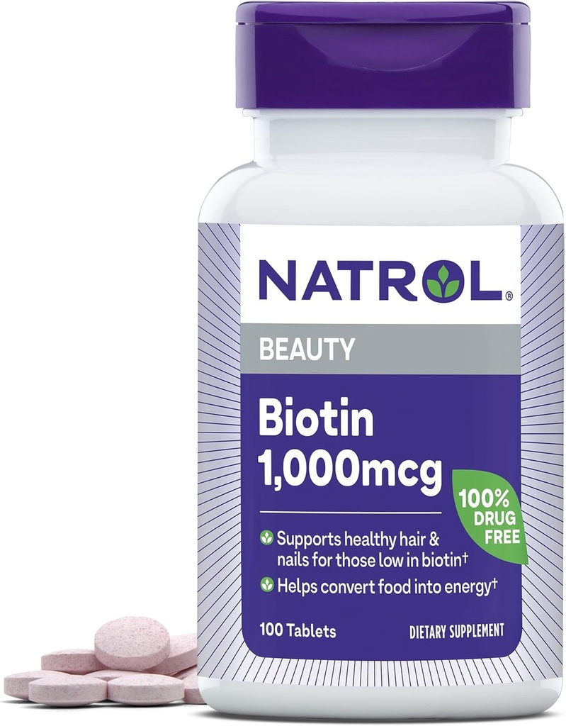Natrol Beauty Biotin 1000mcg, Kosttilskud til sundt hår, hud, negle og energi Metabolisme, 100 tabletter, 100 dages forsyning (pakke med 12)