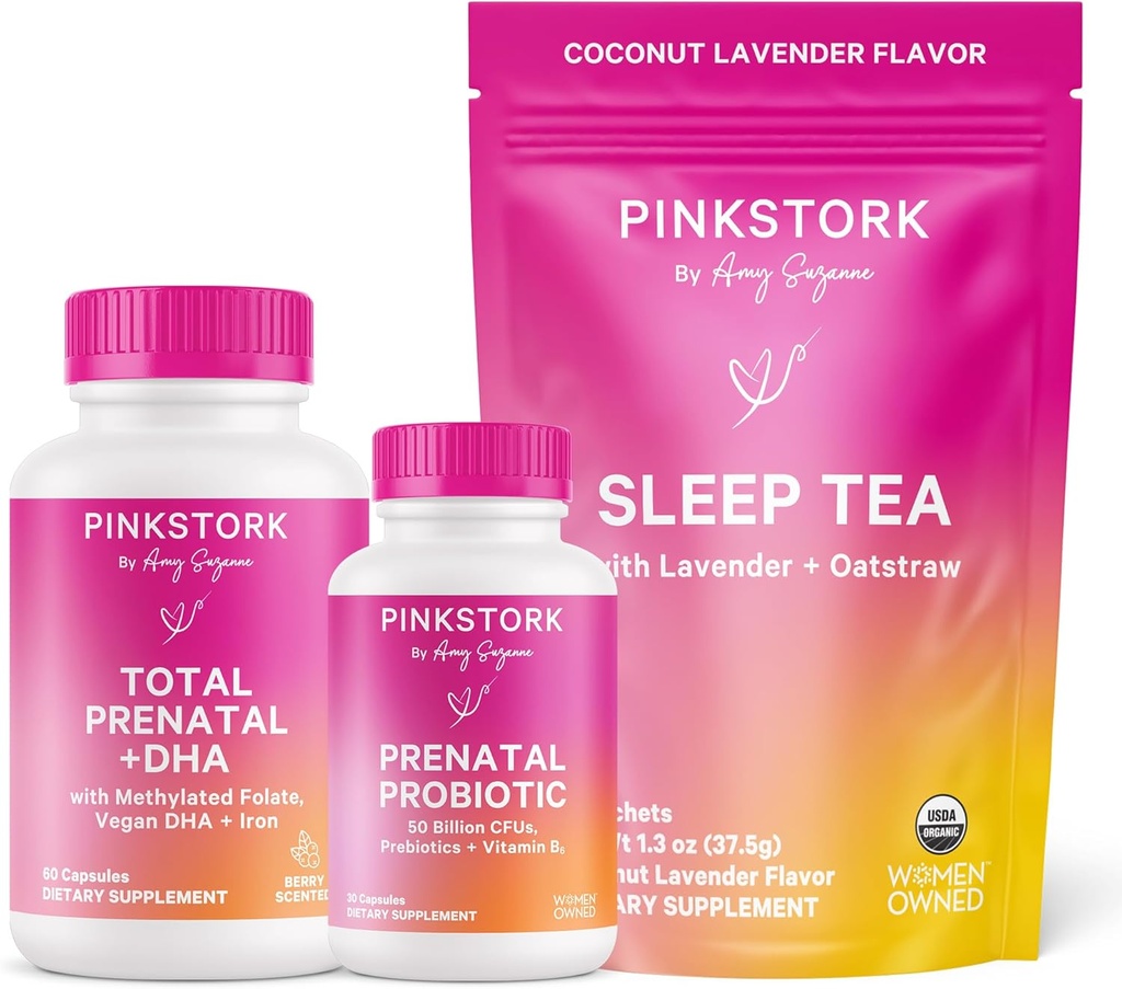 Pink Stork graviditet Bundle: Prenatal Vitamin med DHA & Folate, Prenatal Probiotika til gravide kvinder, Melatonin-fri sovete, Graviditet skal hade for hver Trimester, sæt af 3