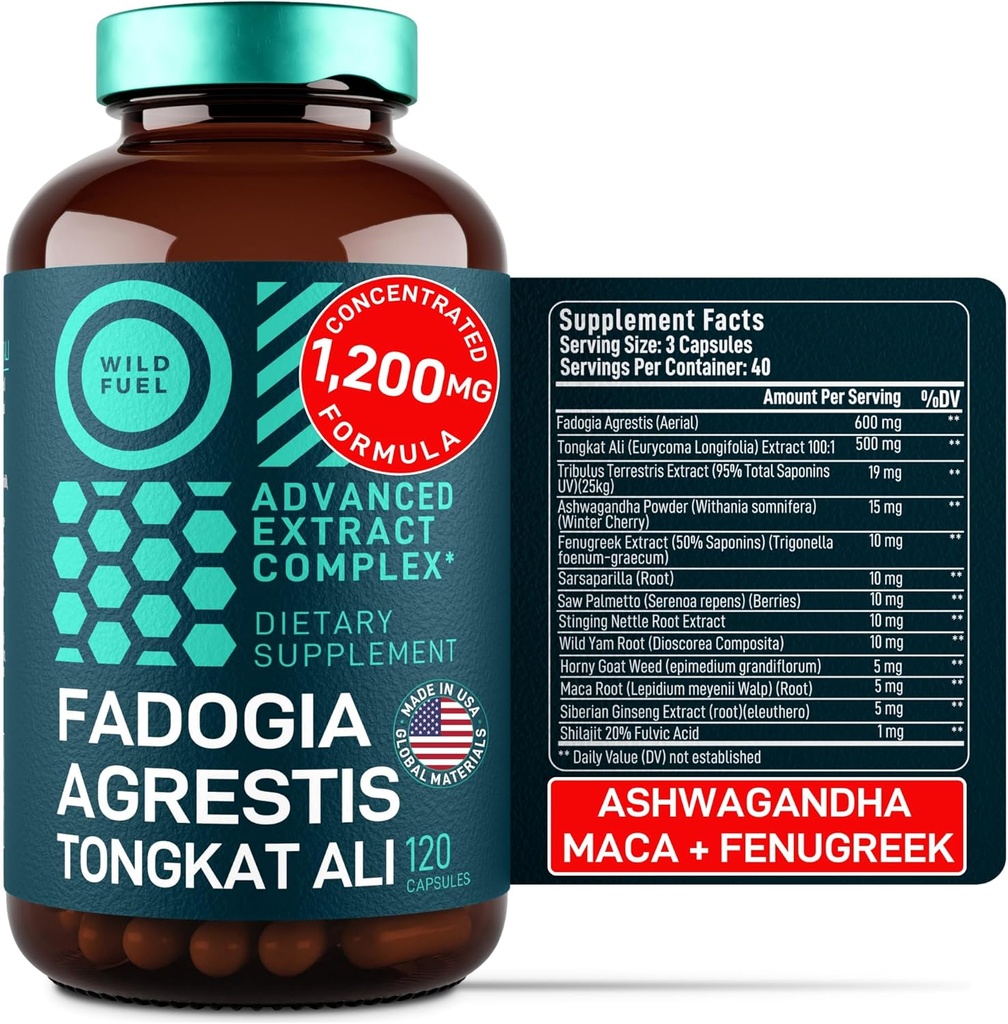 Fadogia Agrestis og Tongkat Ali Supplement - 600 mg Fadogia Agrestis til mænd, 500mg Longjack Tongkat Ali, Ashwagandha Maca Fenugreek Complex - Muscle Strength, Energy, Mood Support - 120 Kapsler