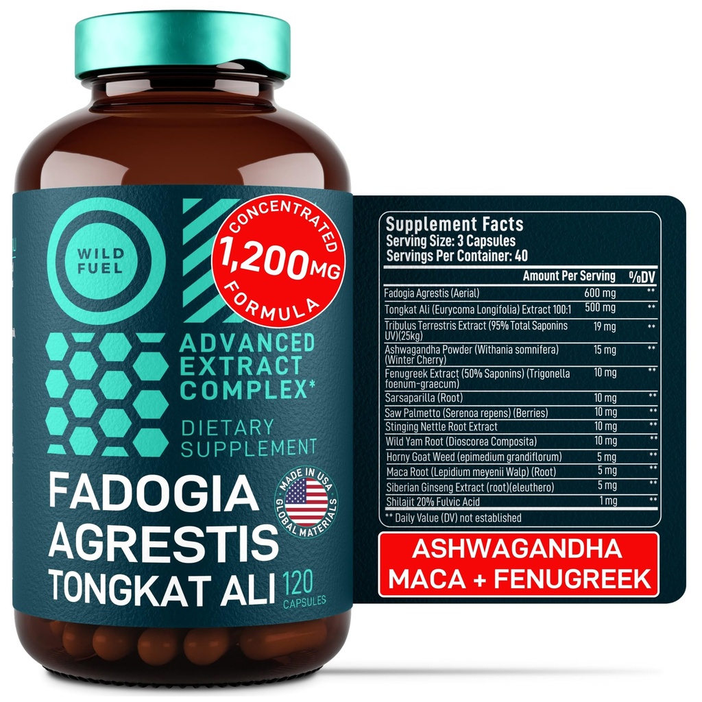 Fadogia Agrestis og Tongkat Ali Supplement - 600 mg Fadogia Agrestis til mænd, 500mg Longjack Tongkat Ali, Ashwagandha Maca Fenugreek Complex - Muscle Strength, Energy, Mood Support - 120 Kapsler