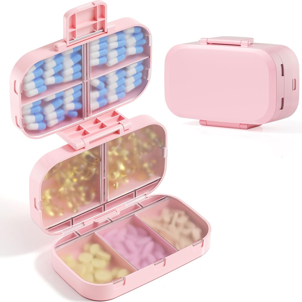 MEACOLIA Triple- Folding Pill Organizer, 9 Compartments Travel Pill Case med stor kapacitet, Daily Pill Box Lille Pill Container til Vitamin, Torskelever Olie, Kosttilskud (Pink)