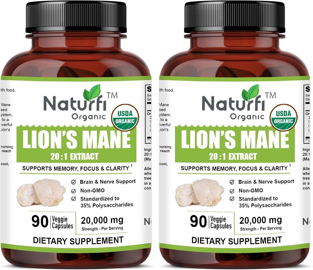 USDA Organic Lion 's Mane 20: 1 Extract, 20.000 mg Strength, 35% Polysaccharides, 180 Vegan Capsules, 90 Day Supply, Standardized and Concentrated 20X Extract, All- Natural and Non- GMO