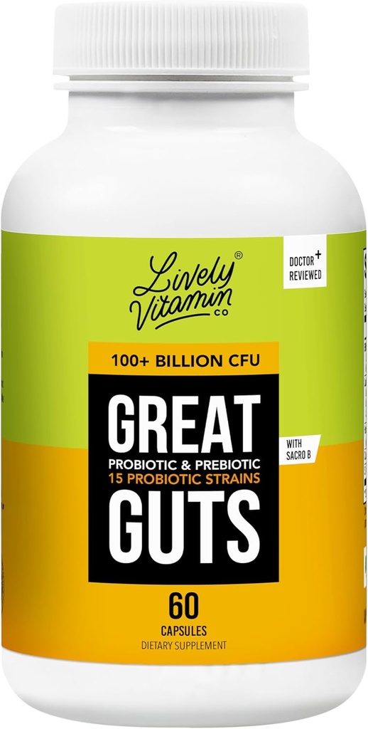 LIVELY VITAMIN CO. Great Guts Probiotic - 100 Millioner CFU Probiotic - Balance Gut Microbiome, GI Tract, Betændelse, fordøjelsesbesvær, Reflux, Upset Mave, & Diarré - 60 Caps