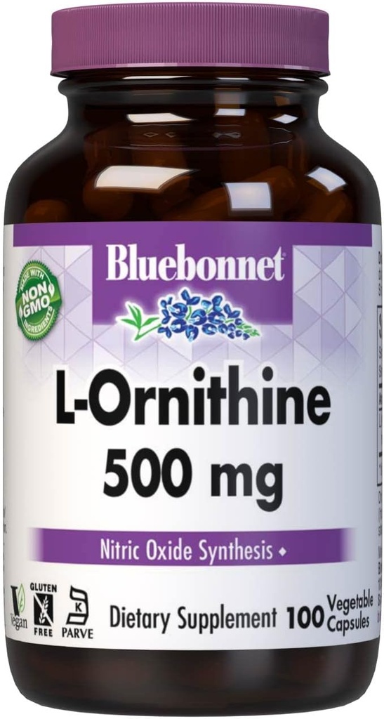 Bluebonnet Nutrition L- Ornithin 500mg, Free- Form Aminosyre, for Sund Protein Metabolisme *, Soy- Free, Gluten- Free, Non- GMO, Kosher Certified, Vegan, 100 Vegetabilske kapsler, 100 Servere