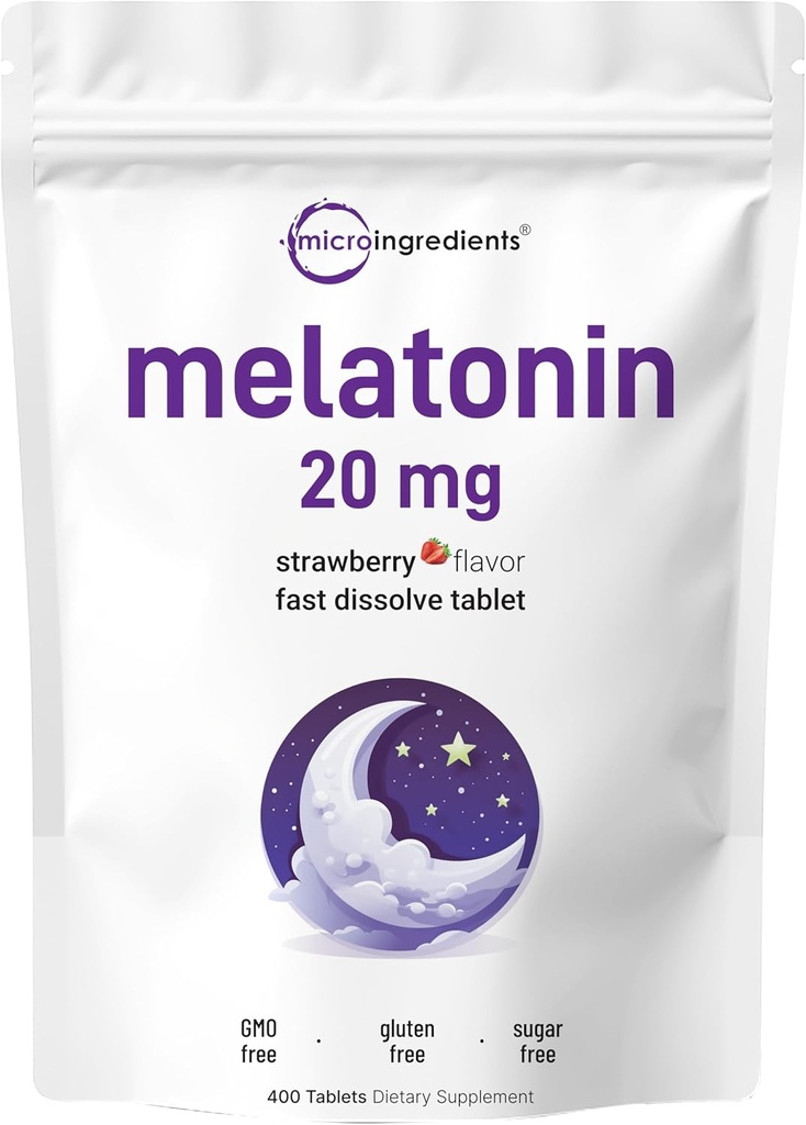 Micro Ingredients Melatonin 20mg, 400 Tablets against 124; Natural Strawberry FLAvor 124; Fast Dissolution Mex124; Ingen Drug Mex124; Vegetarisk Friendly Mex124; Non- GMO, No Gluten, Sugar Free