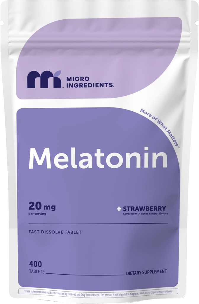Micro Ingredients Melatonin 20mg, 400 Tablets against 124; Natural Strawberry FLAvor 124; Fast Dissolution Mex124; Ingen Drug Mex124; Vegetarisk Friendly Mex124; Non- GMO, No Gluten, Sugar Free