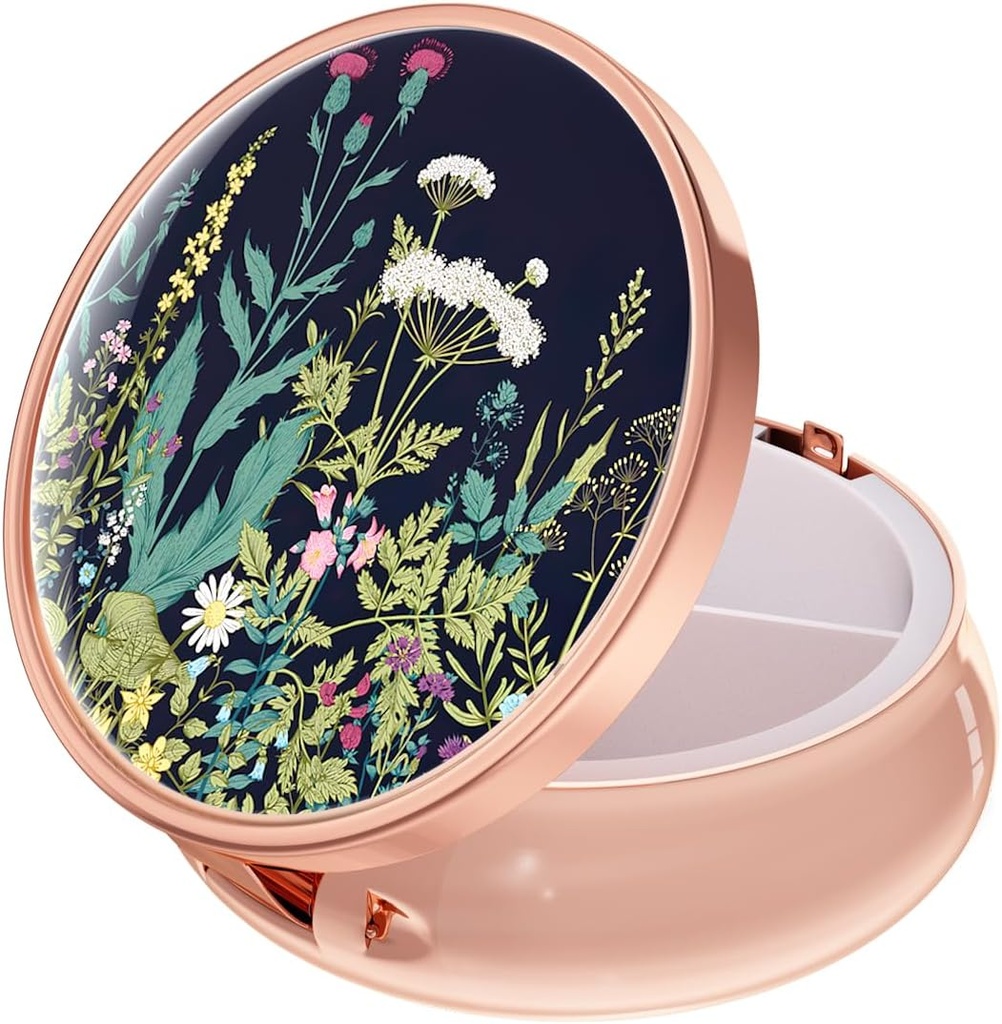 Rouidr Pill Box, 3 Segment Medicine Pill Case, Lille Metal Travel Medicine Box for Purse & Pocket, Rose Gold, Mælkebøtte