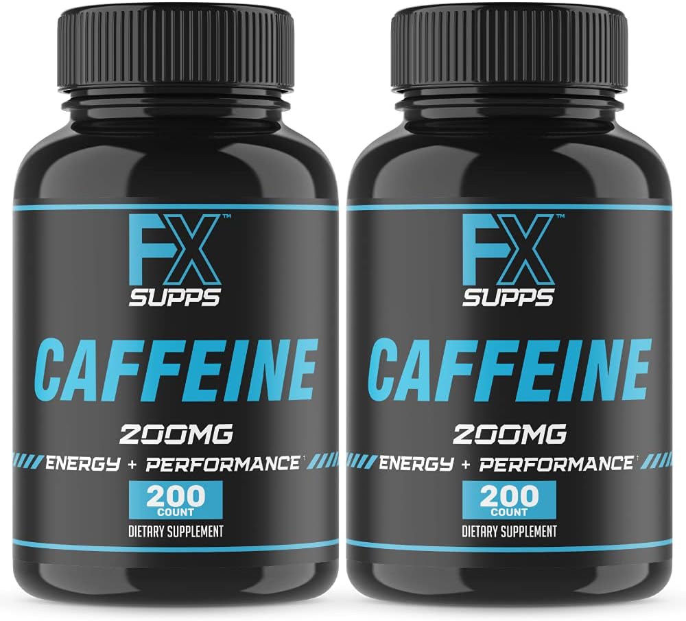 FXSUPPS Koffein 200 mg piller (2- Pack, 400 kapsler) - Fast- Actioning Energy Support Supplement for mænd og kvinder