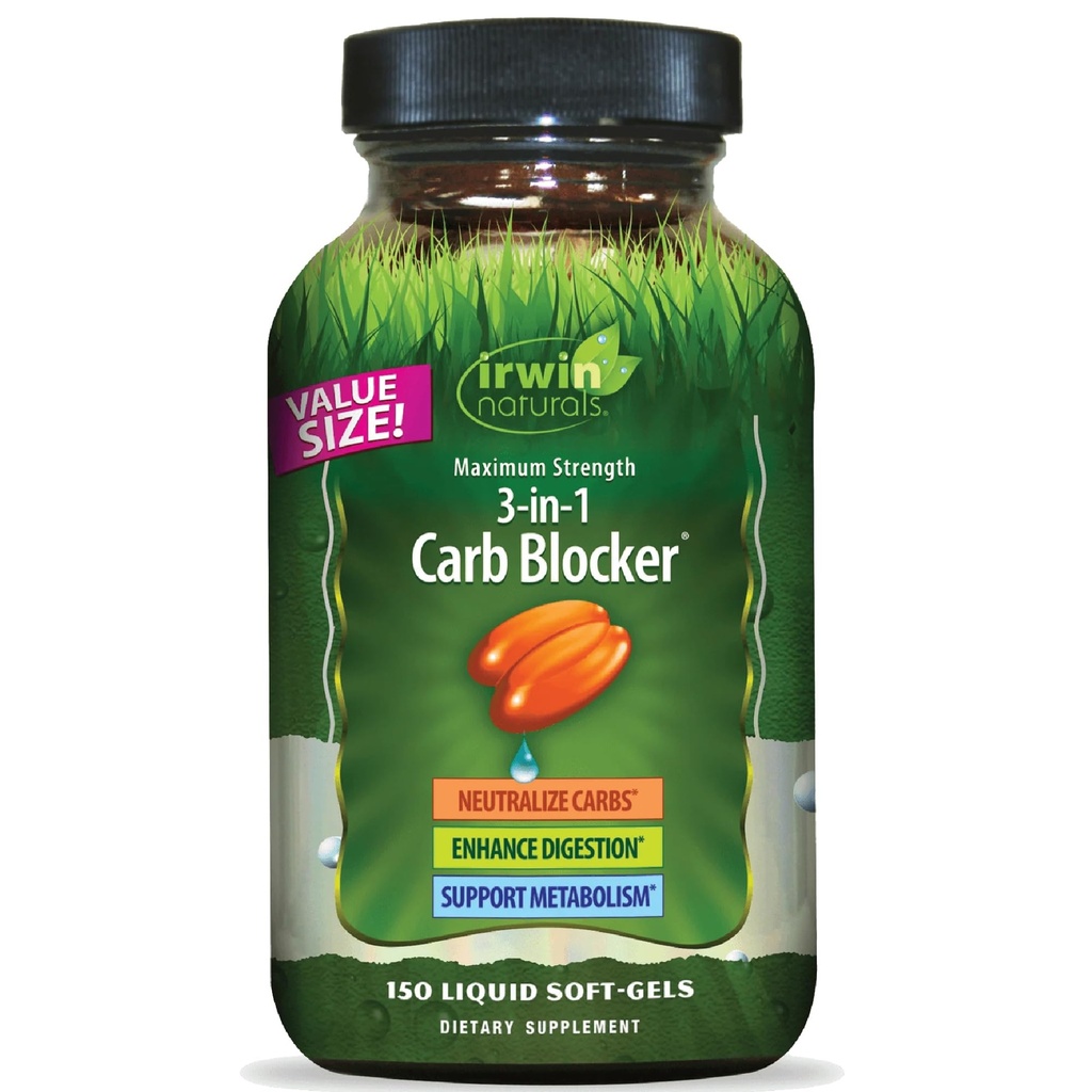 Irwin Naturals Maksimal styrke 3- in-1 Carb Blocker - Neutralisere kulhydrater og støtte Metabolisme - 150 flydende bløddele