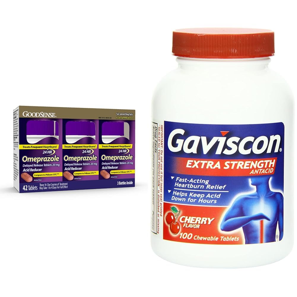 GoodSense Omeprazol Tablets 20 mg 14 Count (3 Pack) og Gaviscon Extra Strength Cherry Chewable Tablets Heartburn Relief 100 Count