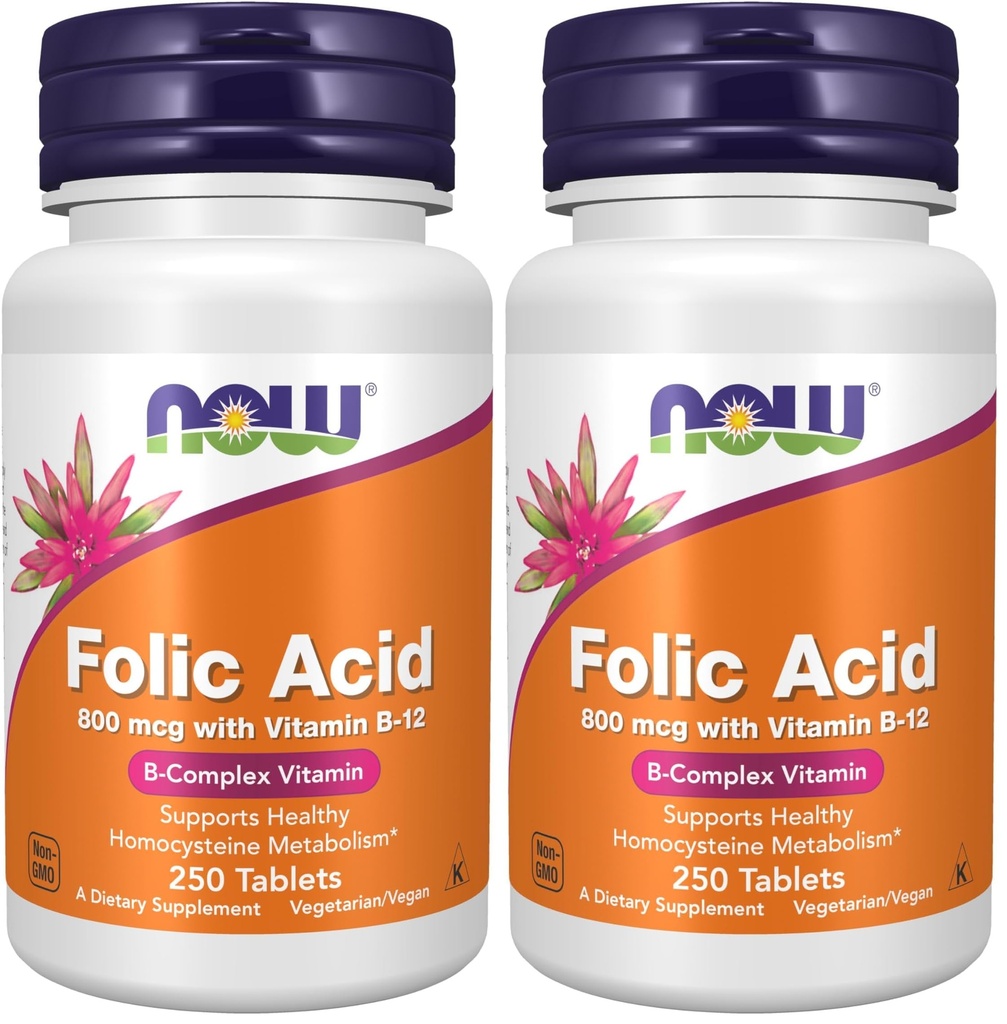 Now Supplements, Folinsyre 800 mcg + B- 12 (Cyanocobalamin) 25 mcg, B Complex Vitamin, 250 tabletter (pakke med 2)