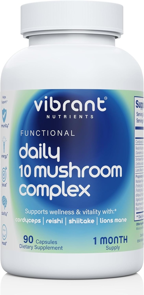 Daglig 10 Mushroom Complex - Lions Mane, Reishi & Cordyceps - Immunbooster - Nootrop Brain Supplement - Natural Energy & Stress Relief - Gluten Free & Non- GMO - 90 Veggie kapsler