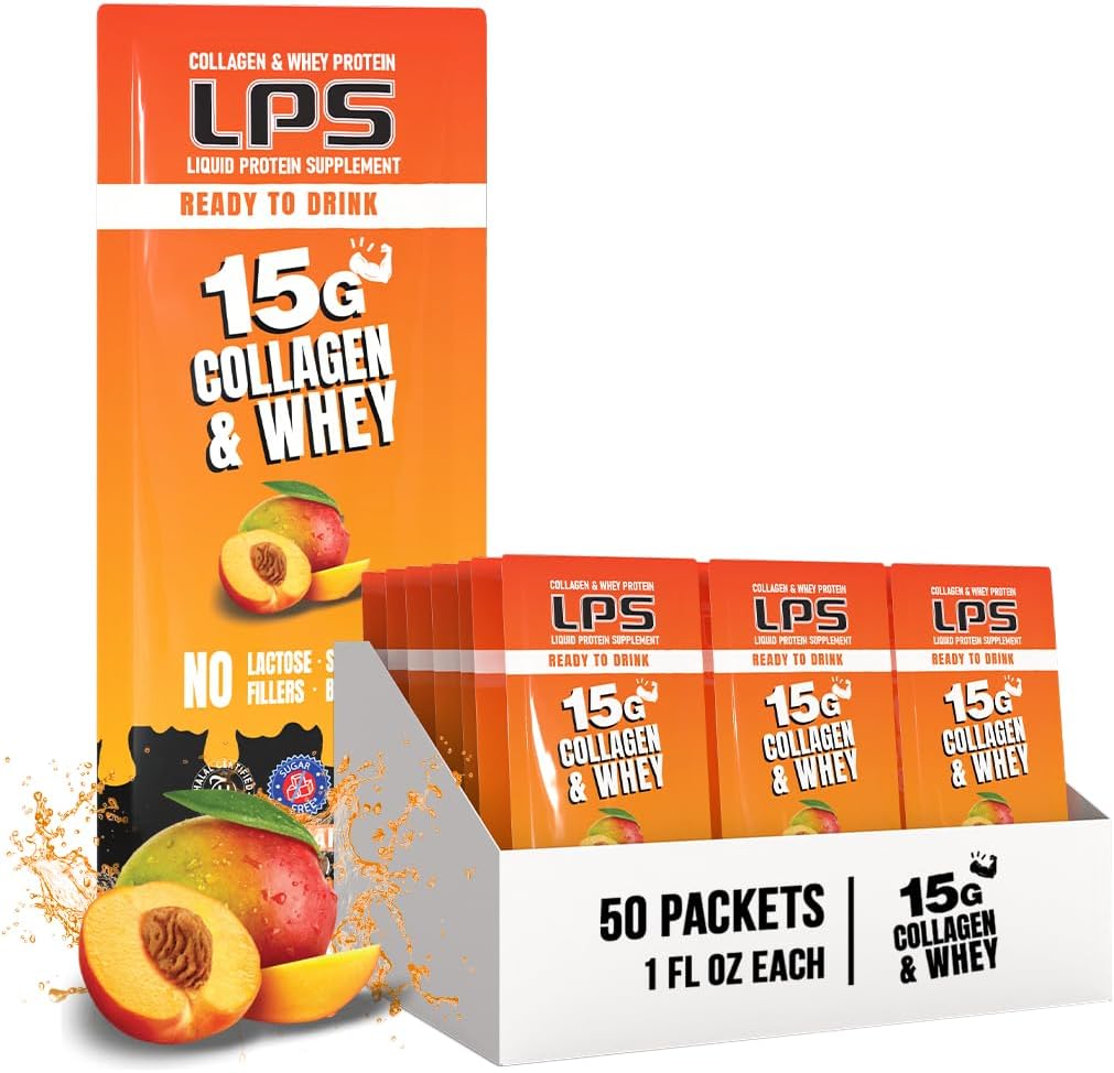 Ernæringsmæssige designs LPS Flydende Collagen & Whey Protein Supplement - Ikke-GMO drik, sukkerfri - fremmer sund hud & hår til mænd og kvinder, Peach Mango, Single Serve (50 Pakker)