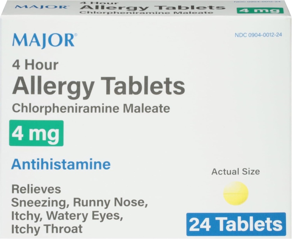 STOR 4 timers allergitabletter - Chlorpheniramin Maleate 4mg - Antihistamin - 24 Tælling (1 pakke)