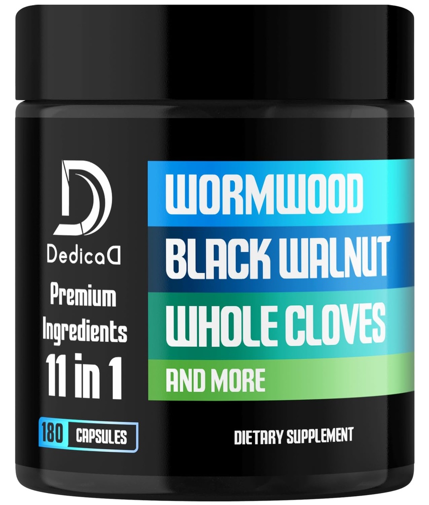 11in1 Wormwood Kapsler - 180 Kapsler Udtrukket fra sort valnød, Cloves, Ginger, gurkemeje, Apple, Berberine HCl & mere - Support immunsystem til 3 Måneder