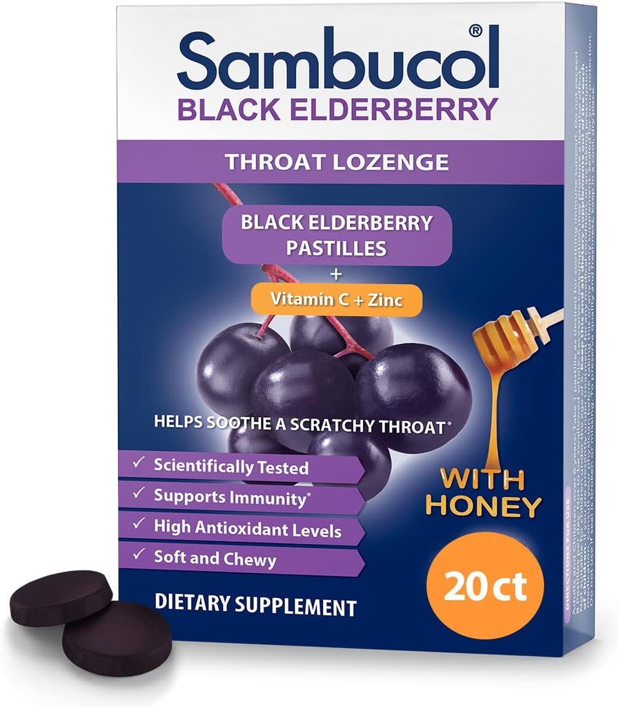 Sambucol Black Elderberry Throat Lozenge - Sambucus Elderberry Lozenges med C-vitamin, zink & honning, hjælper Soothe a Scratchy Throat, Høje Antioxidanter, Glutenfri - 20 Greve