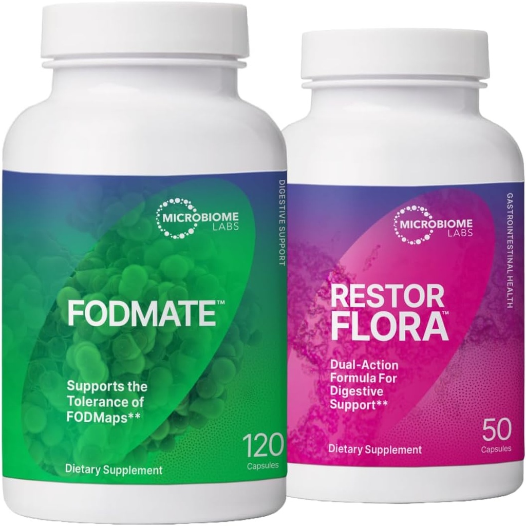 Mikrobiome Labs RestorFlora Probiotic Supplement, Saccharomyces & Spore- baserede Probiotika (50 kapsler) + FODMAT fordøjelsesenzymer til at hjælpe bryde ned FODMAP (120 kapsler) - 2 Produkt Bundle