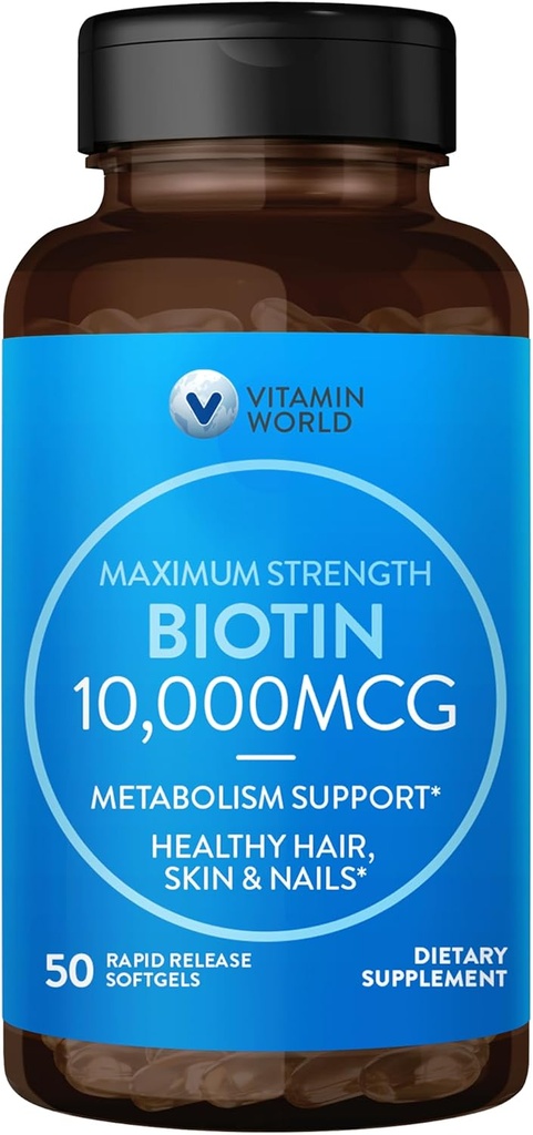 Vitamin World Ultra Mega Biotin 10.000 mcg. 50 Softgels, Vitamin B, understøtter sundt hår, hud og negle, Rapid- frigive, Gluten Free