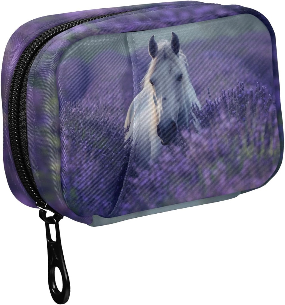 Fustylead Smuk hvid hest i Lavendel Flower Field Pill Organizer sag med lynlås 2 gange en dag for vitamin og tillæg, 7 dages rejse Organizer Medicin sag