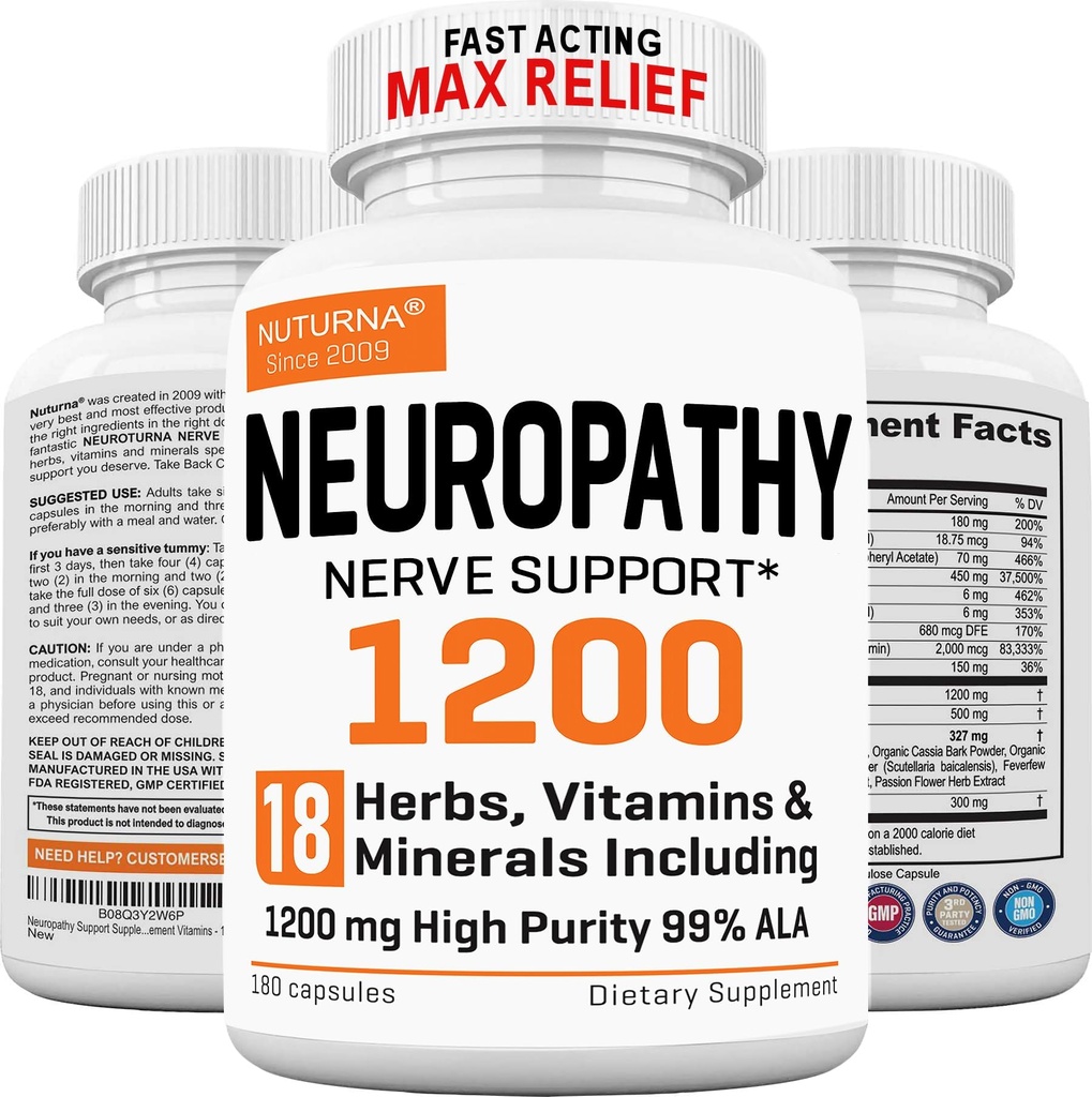 Neuropati Support med 1200 mg HP- 99 Alpha Lipoic Acid - Max Strength ALA Nerve Formel for Feet Hands Fingers - Ultra Potent 18 i 1 naturlige perifer nerve vitaminer - 180 kapsler