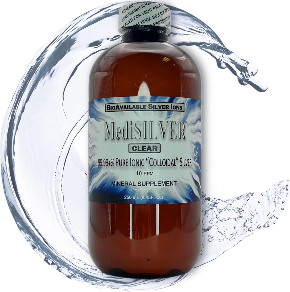 MediSILVER Clear True Free Ionic Kolloid Sølv Kosttilskud - 250 ml (8.45 Fl Oz) i BPA- Free Amber Plastic Flaske