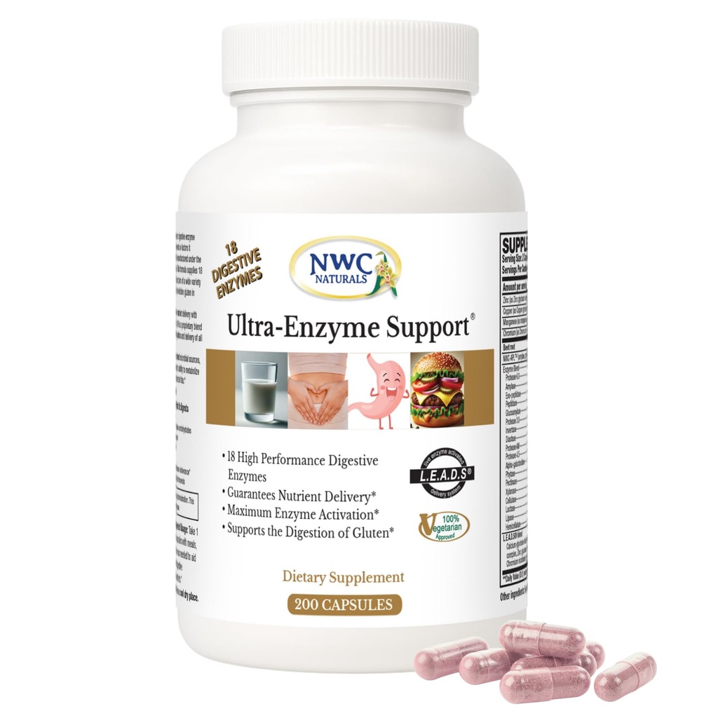 NWC Naturals Ultra- Enzyme Support, Naturlig fordøjelsestillæg, fremmer optimal sundhed og fordøjelse, 200 tæller kapsler