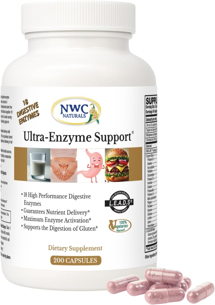 NWC Naturals Ultra- Enzyme Support, Naturlig fordøjelsestillæg, fremmer optimal sundhed og fordøjelse, 200 tæller kapsler