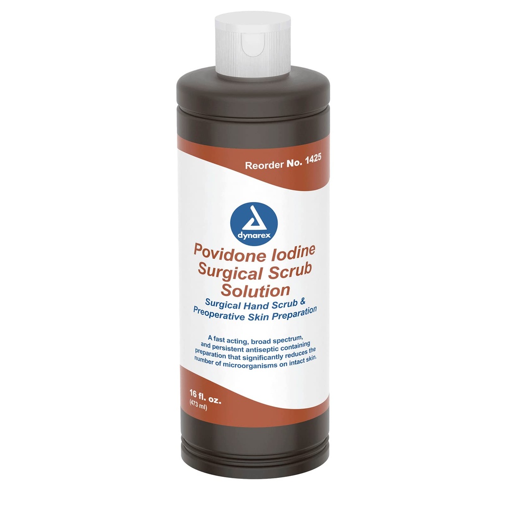 Dynarex Povidon- Jod Scrub Solution, Antiseptisk opløsning til hud og mucosa, Ideel til kirurgisk site forberedelse, Indeholder Povidon Jod 7,5%, 16 fl. oz., 1 flaske