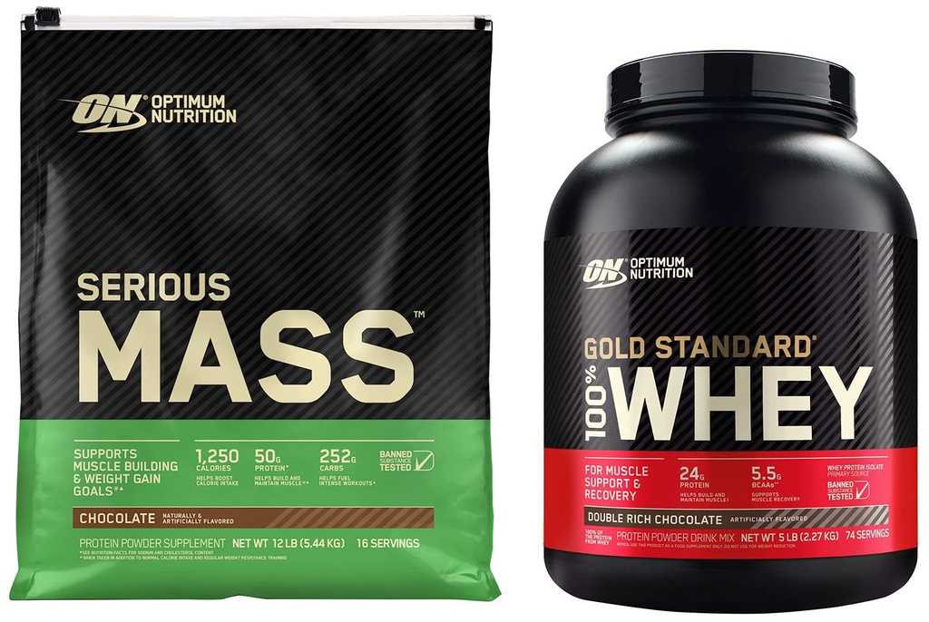 Optimum Nutrition Alvorlig Mass Weight Gainer Protein Powder & Gold Standard 100% Whey Protein Powder, Double Rich Chocolate, 5 Pound (Packaging May Vary)