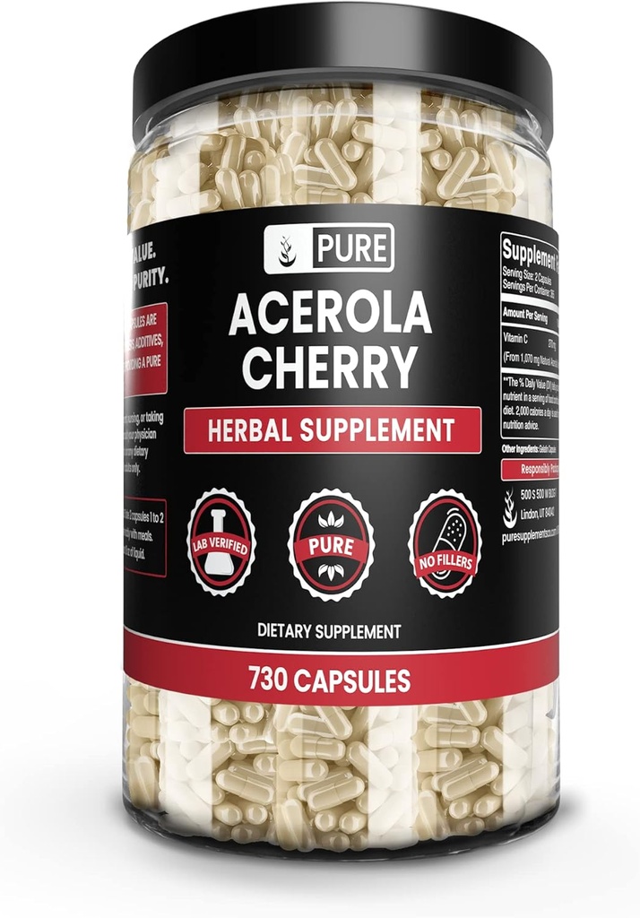 Pure Original Ingredienser Acerola Cherry (730 Kapsler) Ingen Magnesium eller Rice Fillers, Altid Pure, Lab Verified