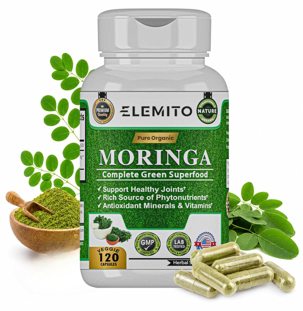 Moringa kapsler, Pure Leaf Powder, Green Superfood, Energy, Metabolisme, & immunforsvar, Non- GMO, Vegan, Gluten- Free - 120 kapsler