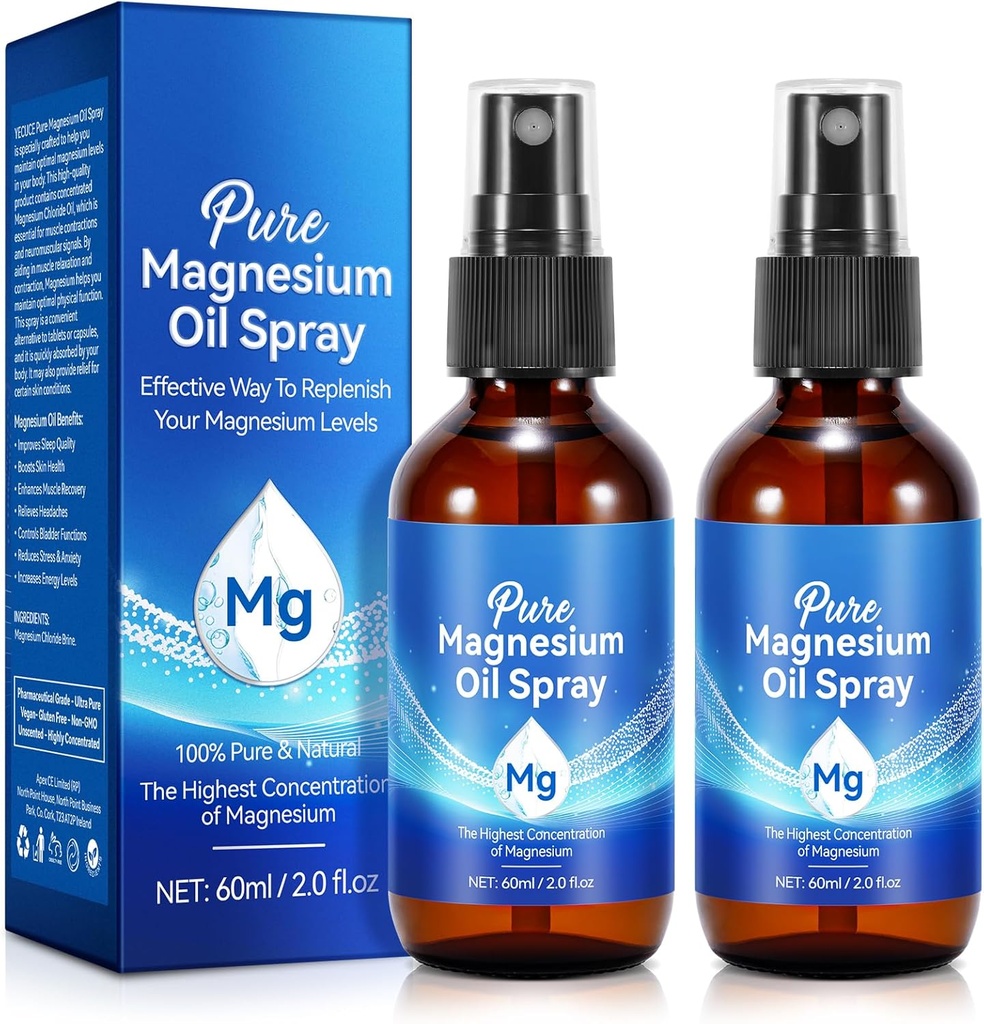 2Pack Pure Magnesium Oil Spray, topisk Magnesium Spray glasflaske, Organisk Magnesium Spray til Feet, Nourish Skin, Unclog Porer, Allowate Hårtab, 4 fl oz
