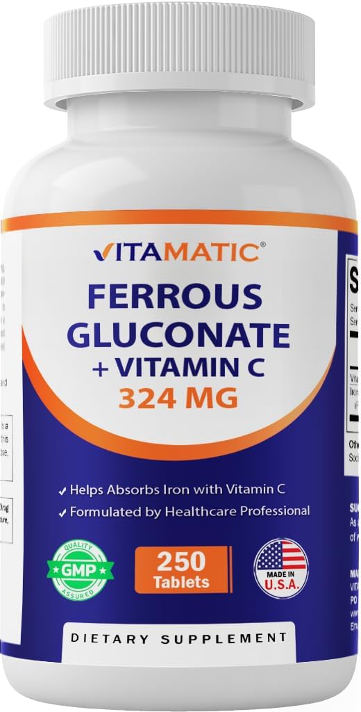 Vitamatisk ferrogluconat 324 mg + vitamin C 100 mg - Ingen kunstige farvetilsætningsstoffer - Additiver på maven - 250 overtrukne tabletter - Lavet i USA