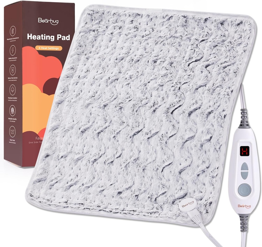 Bearknus XL Elektrisk opvarmning Pad 20 "x24" Double- Sidet Faux Fur opvarmet Pad, 6 Varmeniveauer, 2H Auto- Off, Fugtig & tør varme terapi til ryg smertelindring, maskine vaskbar, ETL Certificeret, gaveæske