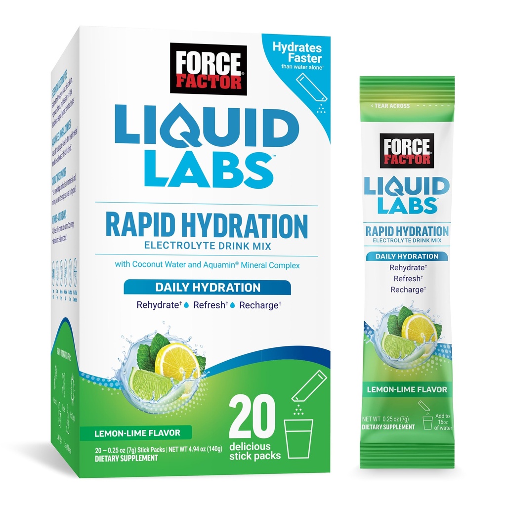 FORCE FACTOR Liquid Labs Electrolytes Powder Packets - Lemon Lime - Hydration Packets til at gøre Elektrolyte vand med 5 Essentielle Elektrolyter, Vitamin, Mineraler, og Antioxidanter, 20 Stick Packs