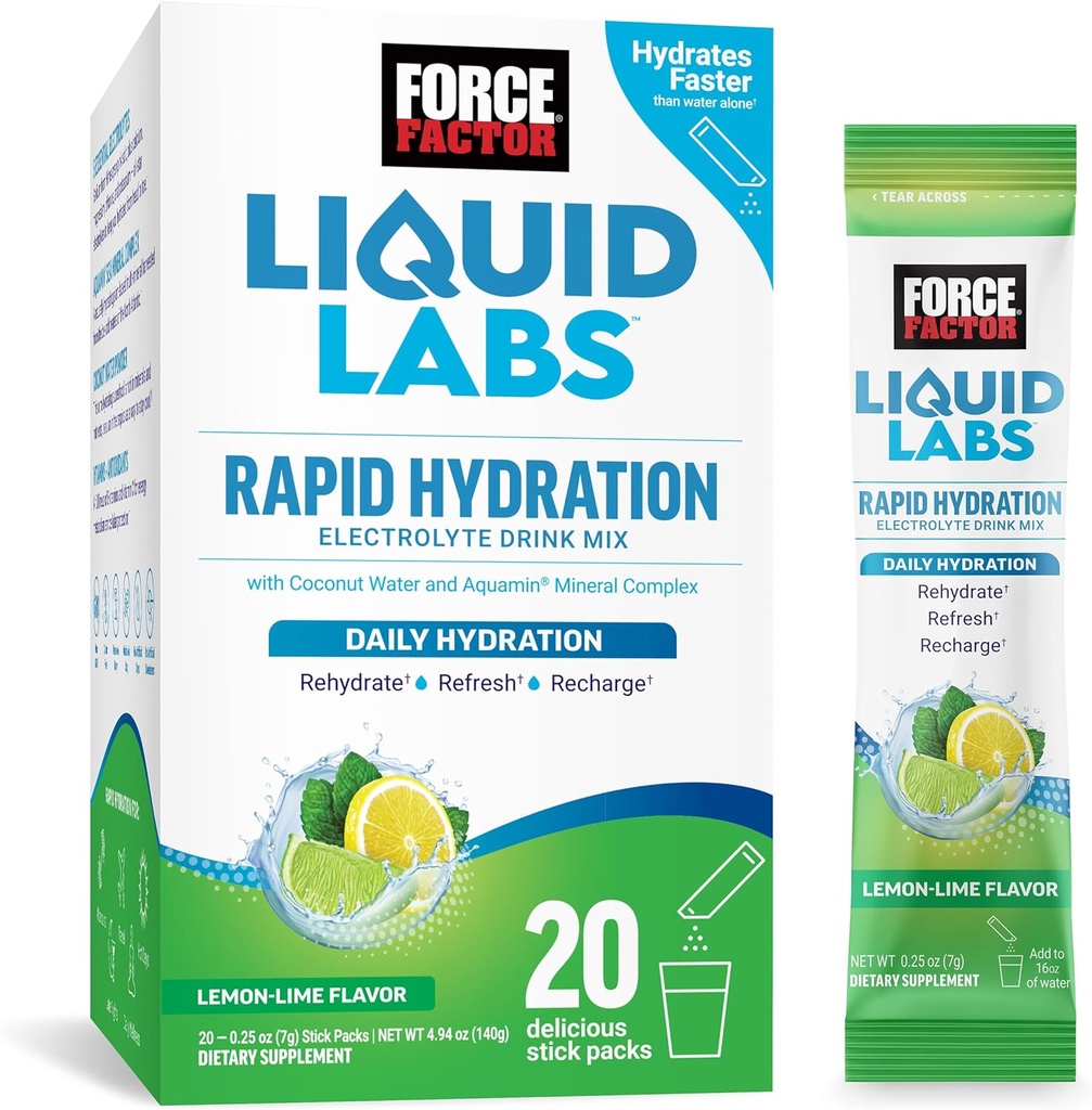 FORCE FACTOR Liquid Labs Electrolytes Powder Packets - Lemon Lime - Hydration Packets til at gøre Elektrolyte vand med 5 Essentielle Elektrolyter, Vitamin, Mineraler, og Antioxidanter, 20 Stick Packs