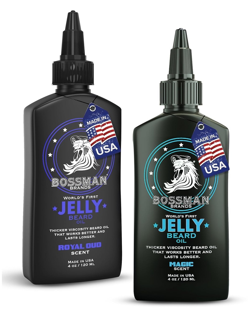 Bossman Jelly Beard Oil til mænd Bundle Buddy 124; 2 Pack, 8 oz (Magic + Royal Oud Scents) Buddy 124; Softens, Fugt & Betingelser med naturlige ingredienser - Lavet i USA
